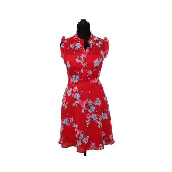 Lulus Dresses & Skirts - Lulus Porch Swing Red Floral Print Skater Dress XS Ruffle Neck Flutter Sleeve
